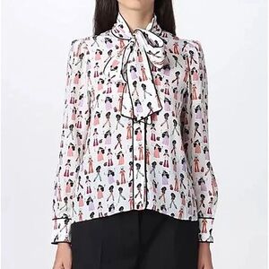 Alice + Olivia Jeannie Chef Stace Face Bow Tie Neck Silk Blouse Top Piping XS